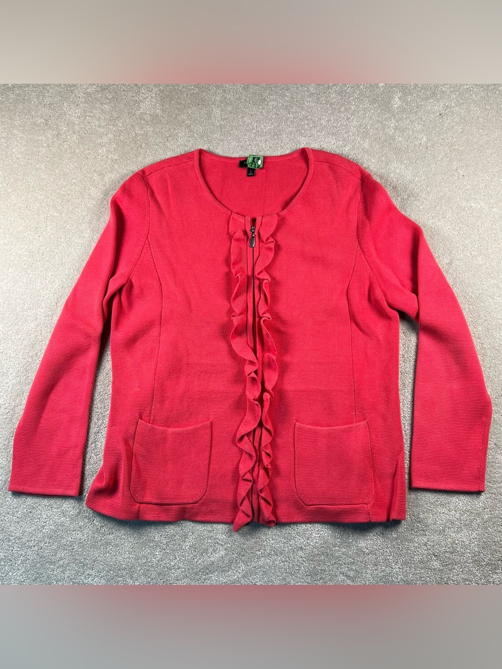Talbots Sweater Cardigan Zip Up Ruffle Front Pink Knit Women's small